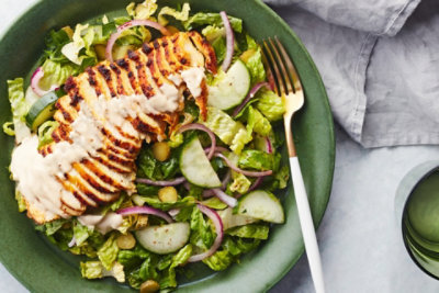 Chicken Shawarma Salad with Lemon-Honey Dressing and Creamy Tahini
