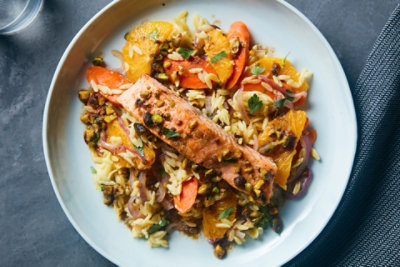 Garam Masala Salmon with Carrots, Pistachios, and Orzo Safeway