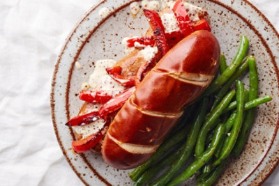 Italian Sausage Pretzel Rolls with Creamy Mustard and Sautéed Green Beans