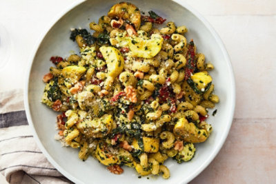 Kale-Walnut Pesto Pasta with Summer Squash and Mozzarella