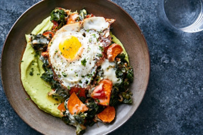 Mexican Sweet Potato Hash with Fried Egg and Avocado Crema JewelOsco
