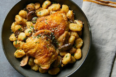 Roasted Chicken Thighs over Creamy Mushroom Gnocchi