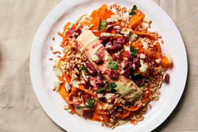 Roasted Salmon with Beets, Farro, and Cilantro-Tahini Dressing - Recipe by Plated