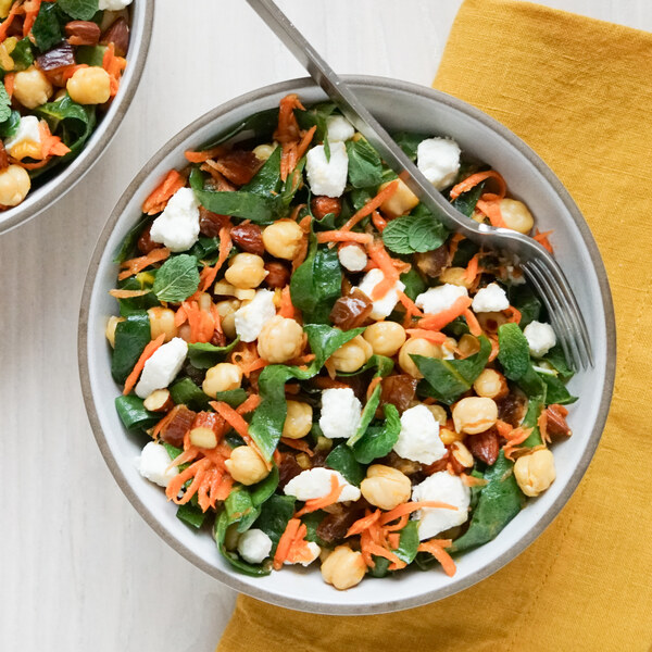 Swiss Chard-Carrot Salad with Chickpeas, Dates, Almonds, Feta & Mint