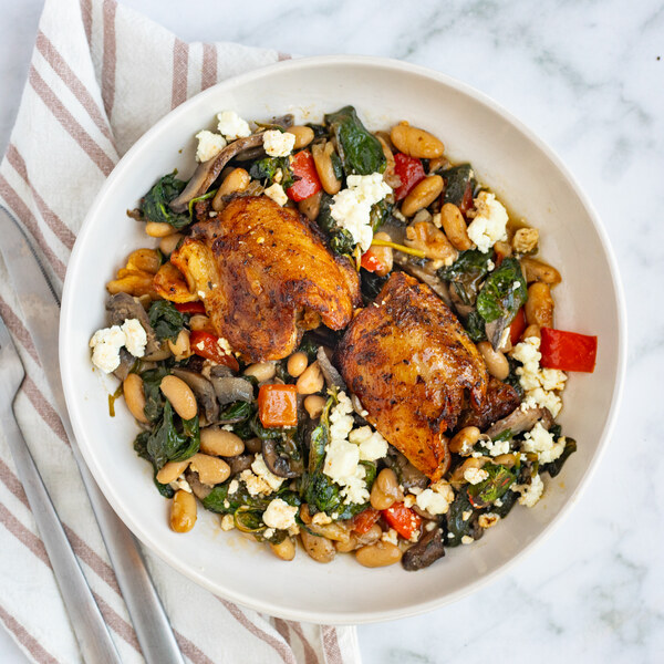 Chicken-White Bean Skillet Bake with Mushrooms, Spinach & Goat Cheese