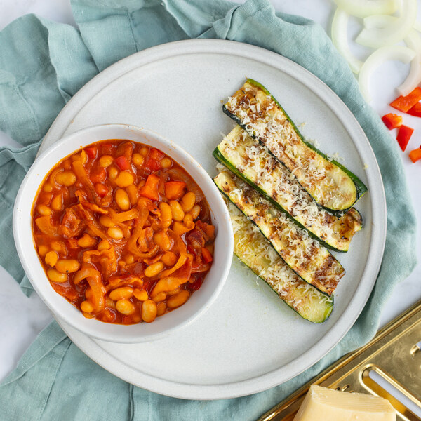 Saucy Pork, Bean & Bell Pepper Stew with Parmesan Grilled Zucchini