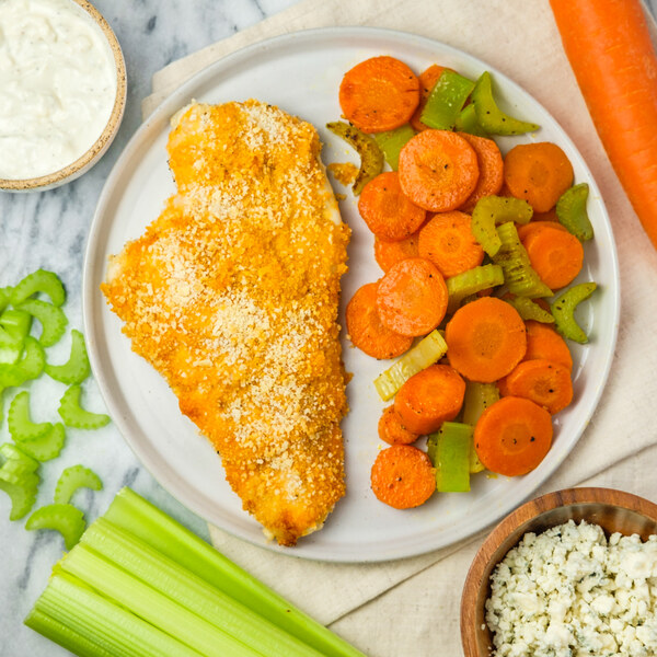Baked Buffalo Chicken with Sautéed Carrot, Celery & Blue Cheese Sauce