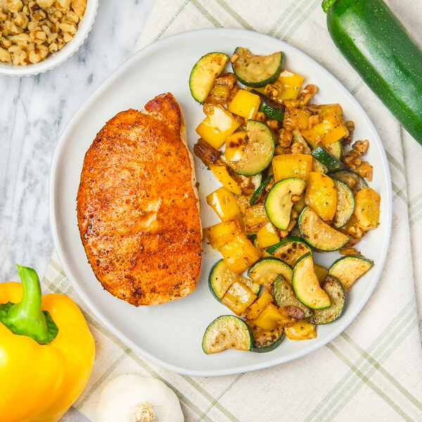 Broiled Paprika Pork Chop with Zucchini, Bell Pepper & Walnut Sauté