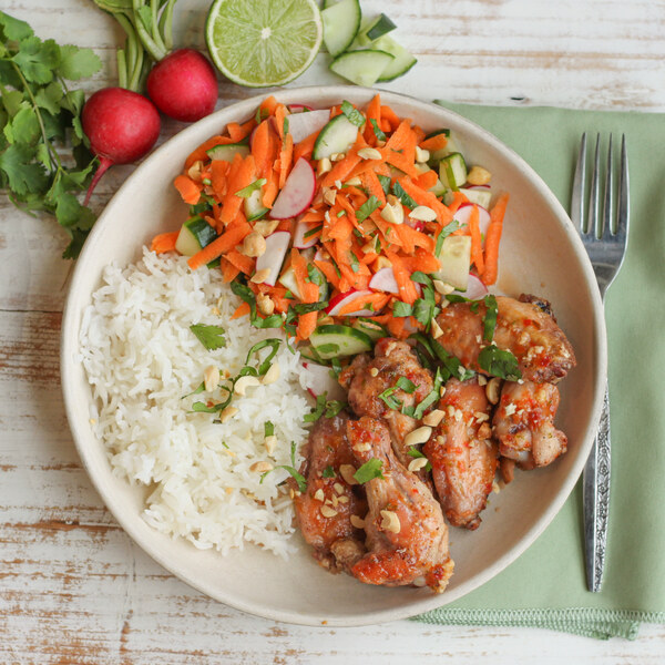 Vietnamese Baked Chicken Wings with Rice, Pickled Veggies & Peanuts