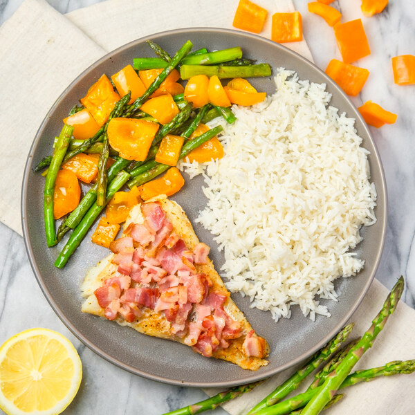 Baked Cajun-Spiced Cod with Bacon, Bell Pepper, Asparagus & Rice