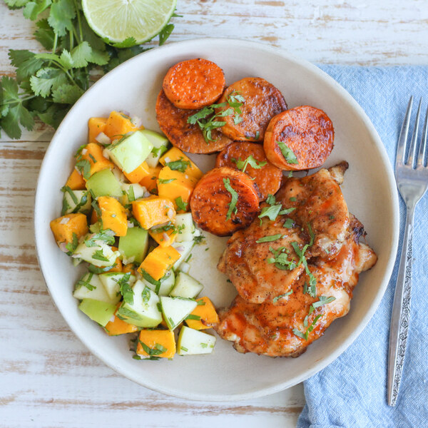 Hot Honey-Lime Chicken Thighs with Sweet Potatoes & Mango Apple Salad