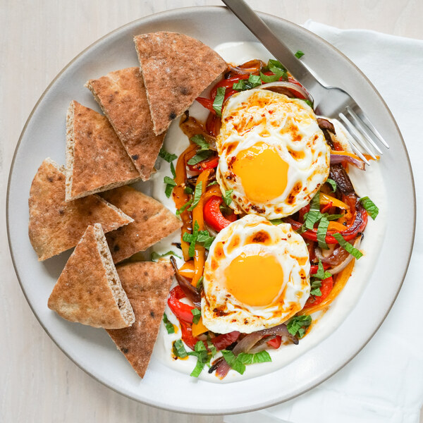Turkish-Spiced Bell Peppers with Garlic Yogurt, Eggs, Chili Oil & Pita