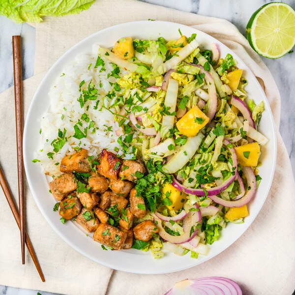 Soy-Baked Salmon Rice Bowl with Mango Cabbage Slaw & Cilantro