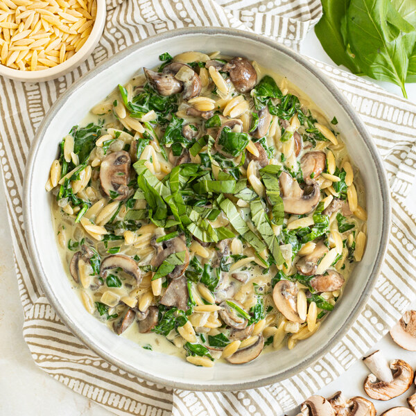 Creamy Spinach-Mushroom Orzo Pasta Skillet with Basil