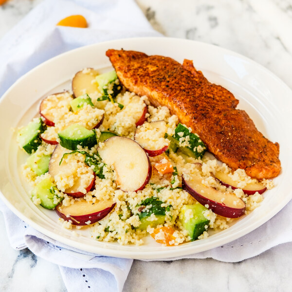 Pan-Fried Moroccan Salmon with Apricot, Plum & Cucumber Couscous Salad