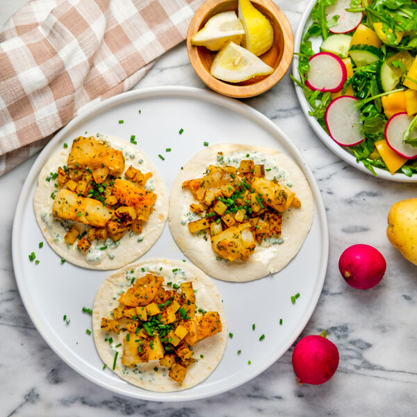 "Fish and Chips" Tacos with Chive Mayo & Crunchy Veggie-Arugula Salad