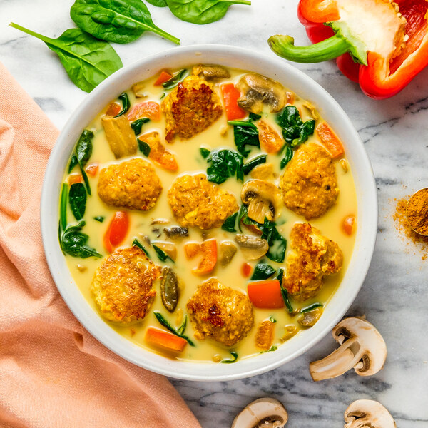 Golden Coconut Curry Soup with Turkey Meatballs, Spinach & Mushrooms