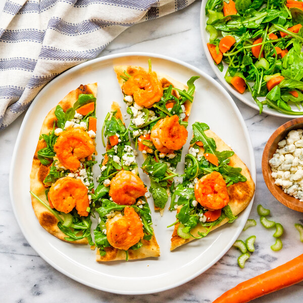 Buffalo Shrimp Flatbread with Blue Cheese & Pickled Veggie Salad