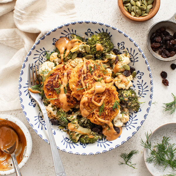 Sweet Potato Fritters with Smoky Tahini Sauce, Broccoli & Cauliflower