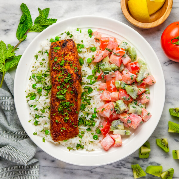 Broiled Tandoori Salmon with Green Pea-Rice, Tomato-Kiwi Salad & Mint