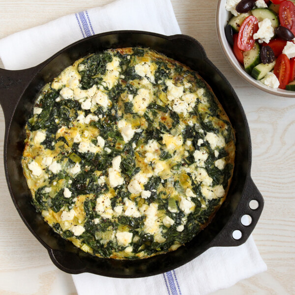 Spanakopita-Inspired Kale, Leek & Feta Frittata with Greek Salad