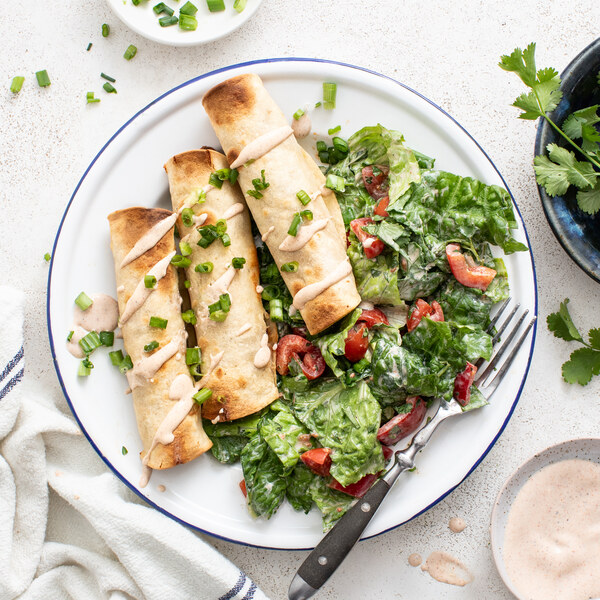 Crispy Black Bean Taquitos with Romaine Salad & Creamy Lime Dressing