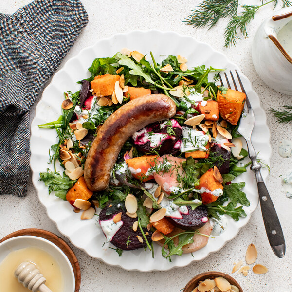 Pork Sausage with Honey-Roasted Root Veggies, Arugula, Dill & Almonds