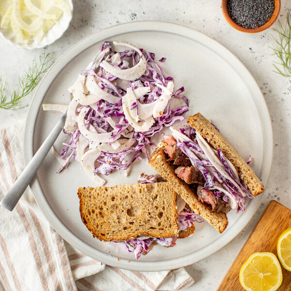 Strip Steak Sandwich with Creamy Fennel & Red Cabbage Slaw