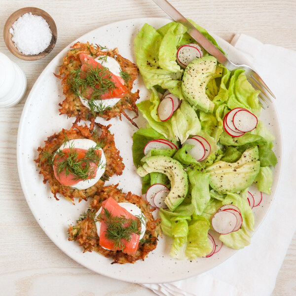 Parsnip Latkes with Yogurt, Smoked Salmon & Avocado-Radish Salad