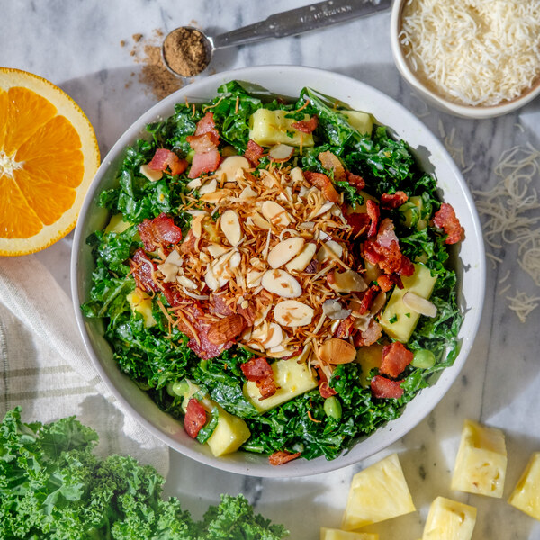 Kale Salad with Bacon, Pineapple, Coconut & Orange Yogurt Dressing