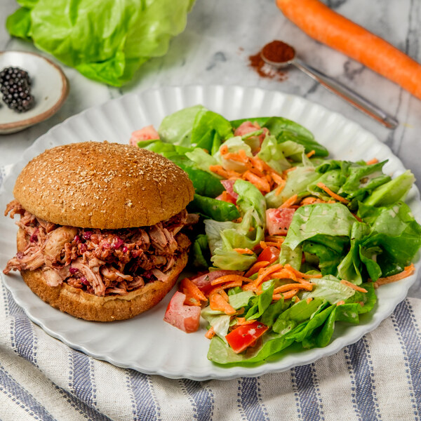 Spicy Blackberry Pulled Chicken Sandwich with Butter Lettuce Salad
