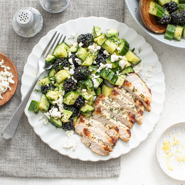 Lemon-Dill Pork Chop with Cucumber, Blackberry, Avocado & Feta Salad