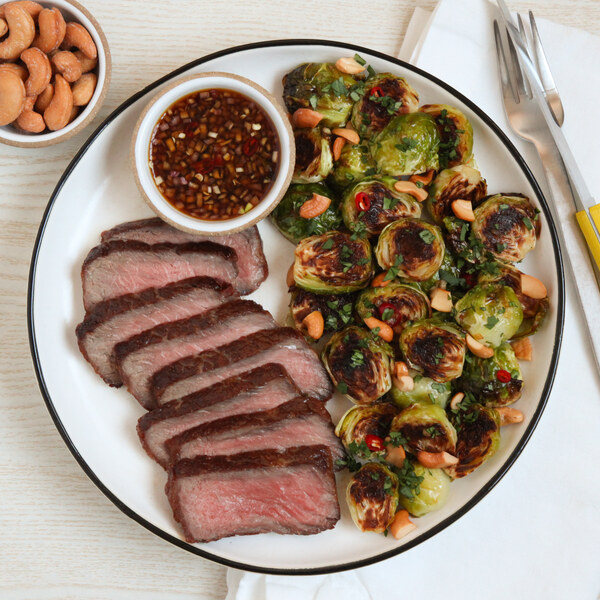 Strip Steak with Spicy Asian-Style Roasted Brussels Sprouts & Cashews