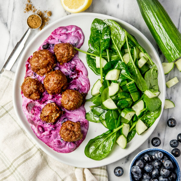 Coriander Beef Meatballs with Blueberry Yogurt Sauce & Spinach Salad