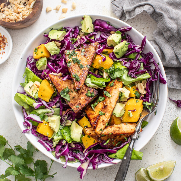 Mango-Cabbage Salad with Spicy Seared Tofu, Avocado, Peanut & Cilantro