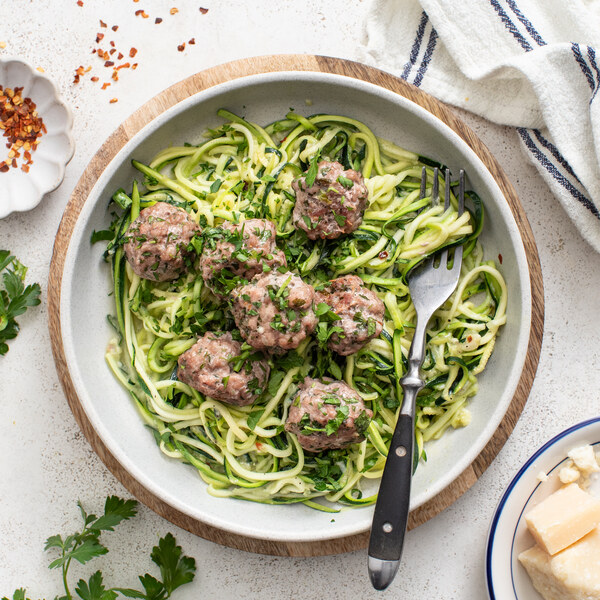 Italian Pork Meatballs with Garlic-Parmesan Zucchini Noodles