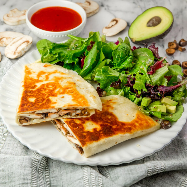 "Pizza" Quesadilla with Mushrooms, Olives, Marinara & Avocado Greens