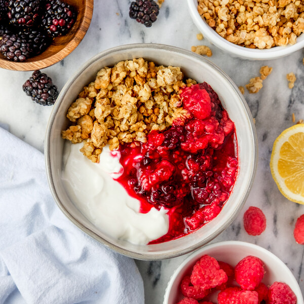 Greek Yogurt Bowl with Raspberry-Blackberry Compote & Granola