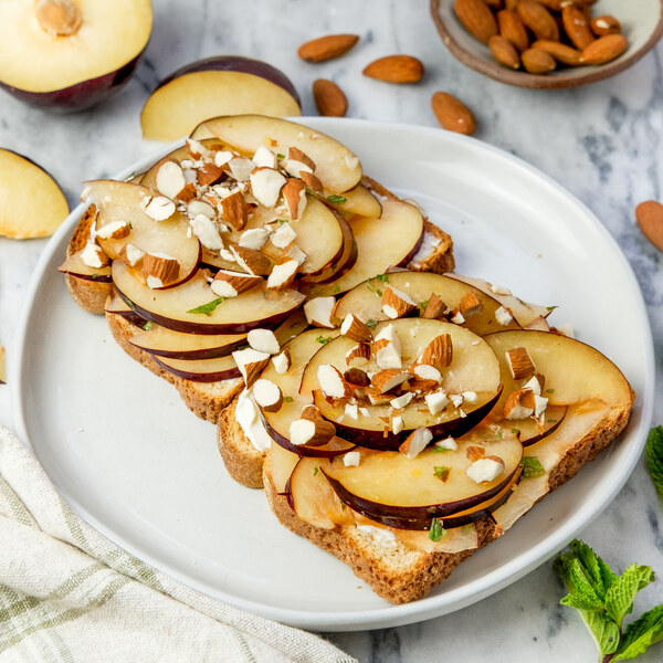 Cream Cheese Toasts with Honey-Minted Plums & Almonds