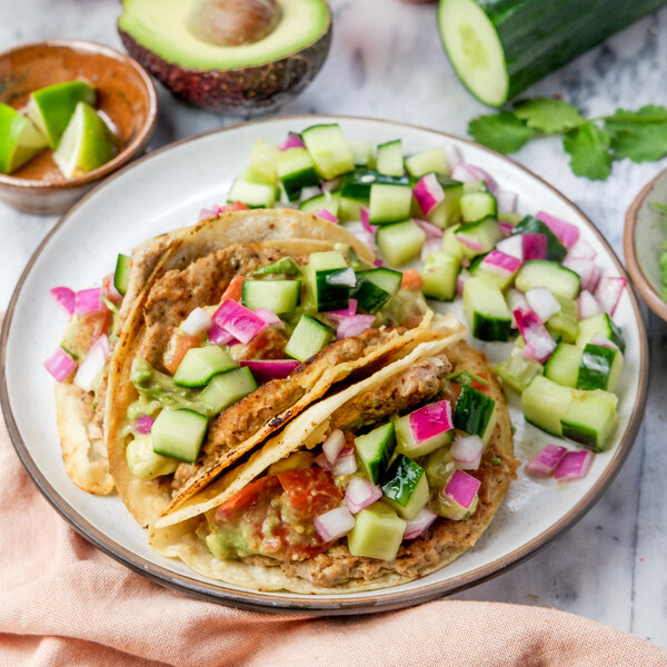 Turkey Smash Tacos with Guacamole & Pickled Onion-Cucumber Salad