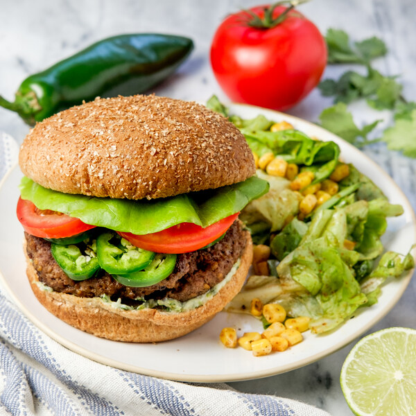 Spicy Beef "Taco" Burger with Cilantro Aioli & Chili-Corn Tossed Salad