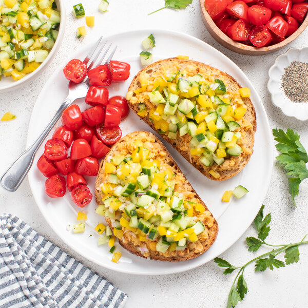Garlicky Chickpea Toasts with Cucumber-Pepper Salsa & Dressed Tomatoes