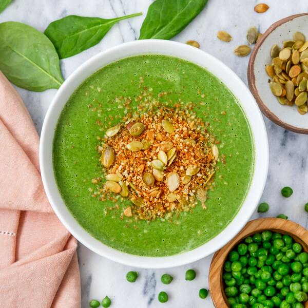 Spinach-Pea Soup with Bacon, Mint, Bread Crumbs & Pumpkin Seeds