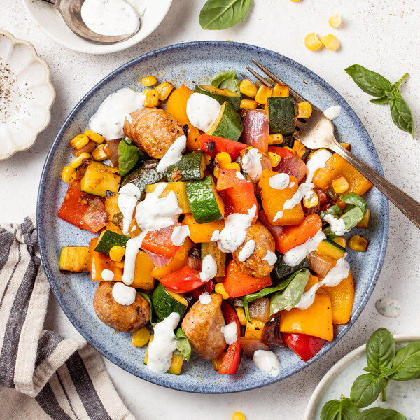 Sausage Skillet with Bell Pepper, Zucchini, Corn & Creamy Basil Sauce