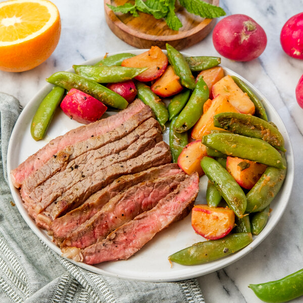Grilled Ribeye with Mint, Orange, Snap Pea & Radish Sauté