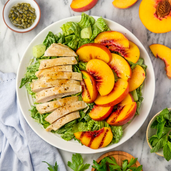 Grilled Chicken, Peach & Cucumber Salad with Creamy Mint Herb Dressing
