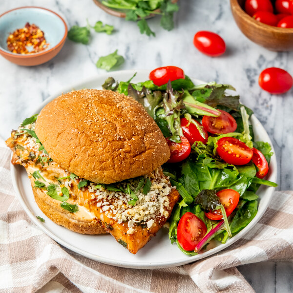 Ginger-Soy Salmon Sandwich with Spicy Mayo & Tomato Mixed Greens