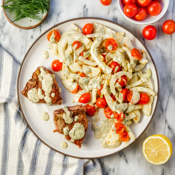 Seared Lamb Chops with Baked Fennel, Tomato & Lemon-Tahini Sauce ...