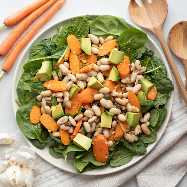 Lemony White Bean, Carrot, Avocado & Spinach Salad with Pistachios