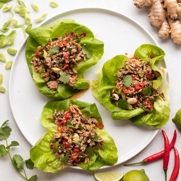 Sesame-Lime Lettuce Cups with Pork, Red Chili Peppers & Cilantro